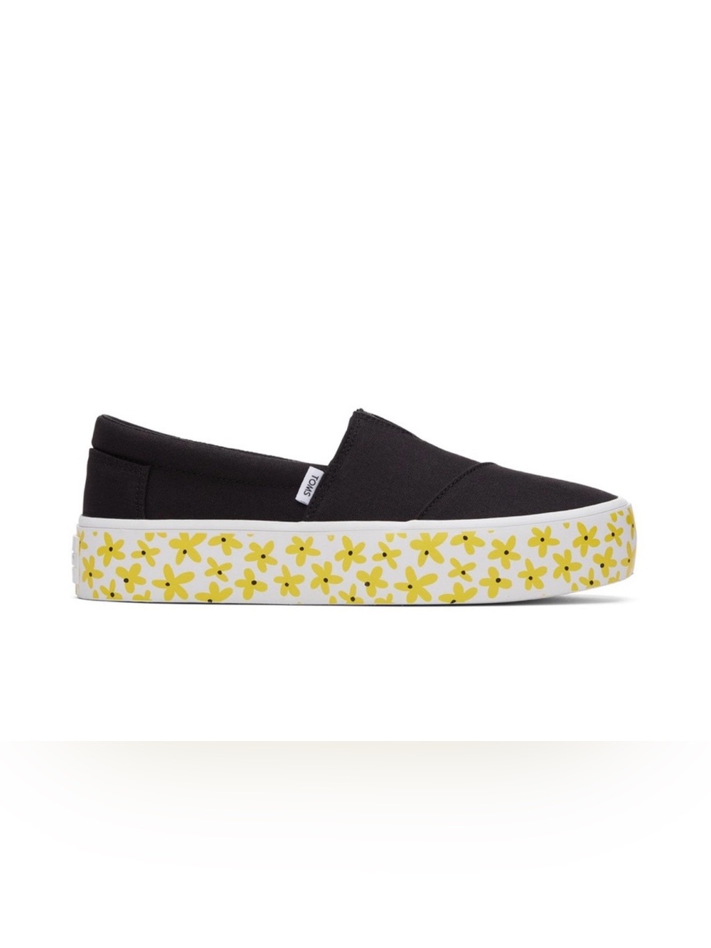 Toms Black Slip-On Platform with Yellow Floral Printed Sole